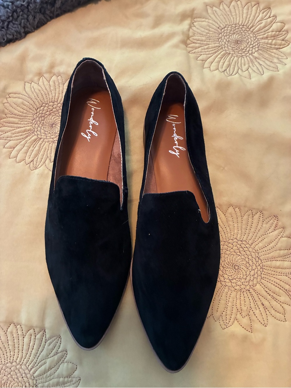 Wonderly Black Suede Pointed Toe Flats